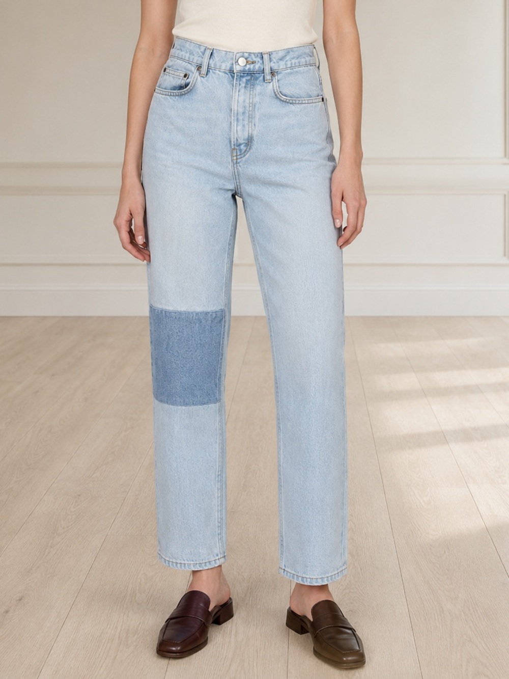 Reformation Cynthia Patch High Rise Straight Jeans Tahoe Light Wash Size 26 | 2